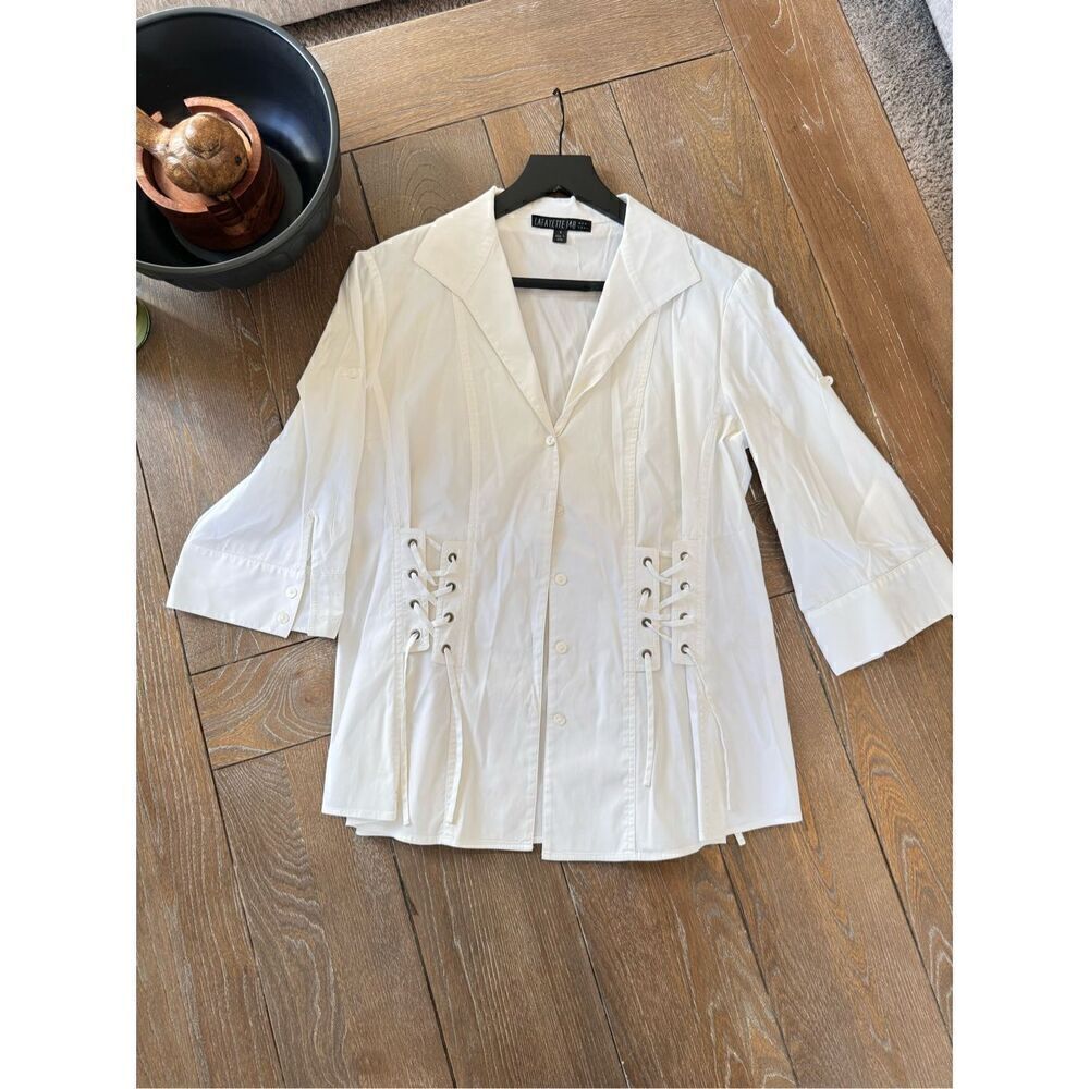 Lafayette 148 Button Down V Neck Blouse with Laced Up Sides Detail Rolled Sleeve